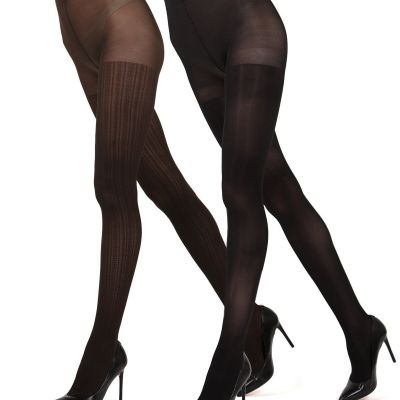 Cable Ribbed/Solid Control Top Tights 2-Pack